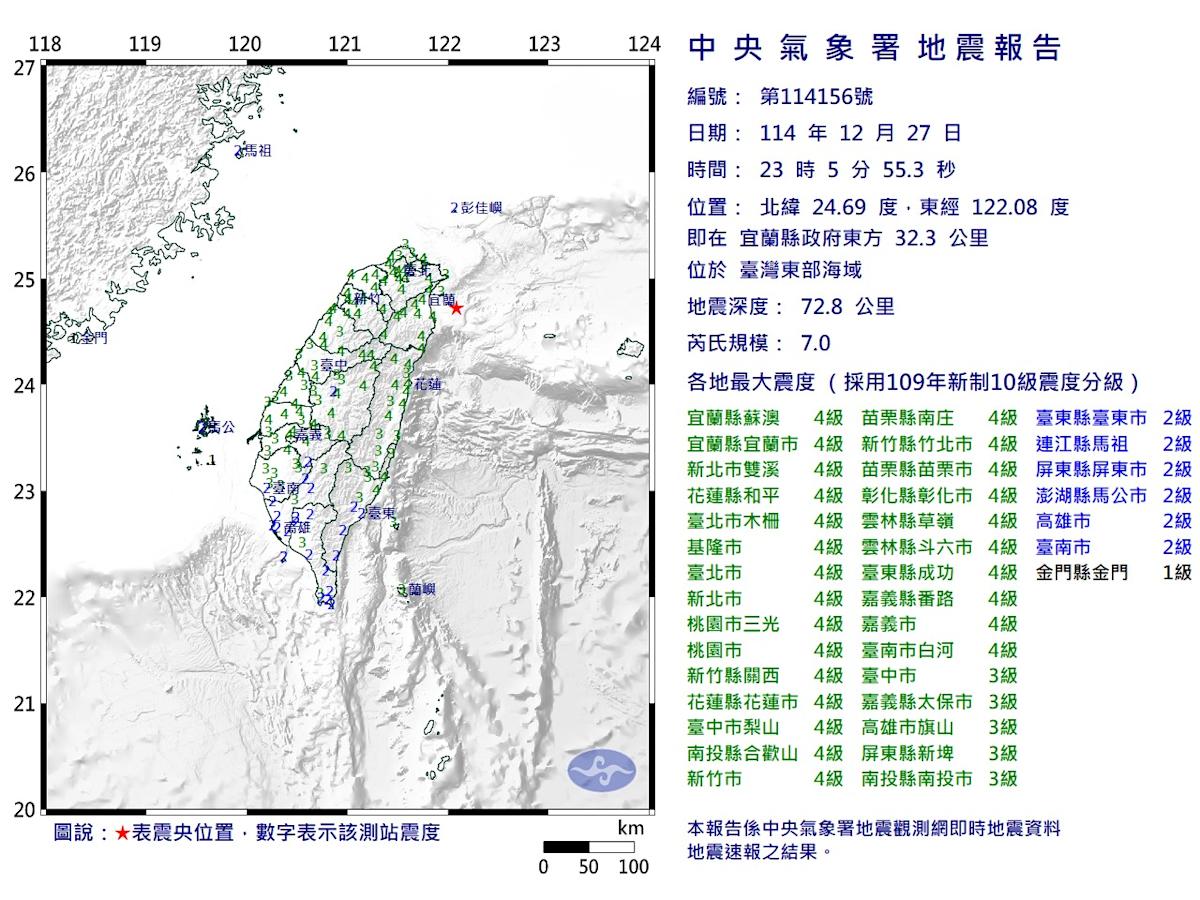 Cutremur M7 în estul mării, 23:05, max 4 în Yilan, resimțit în Taipei și New Taipei; explicații 23:50