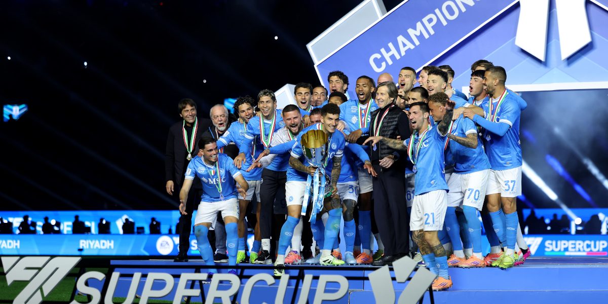 RIYADH, SAUDI ARABIA - DECEMBER 22: Giovanni Di Lorenzo of SSC Napoli lifts the Supercoppa Italiana trophy after the team