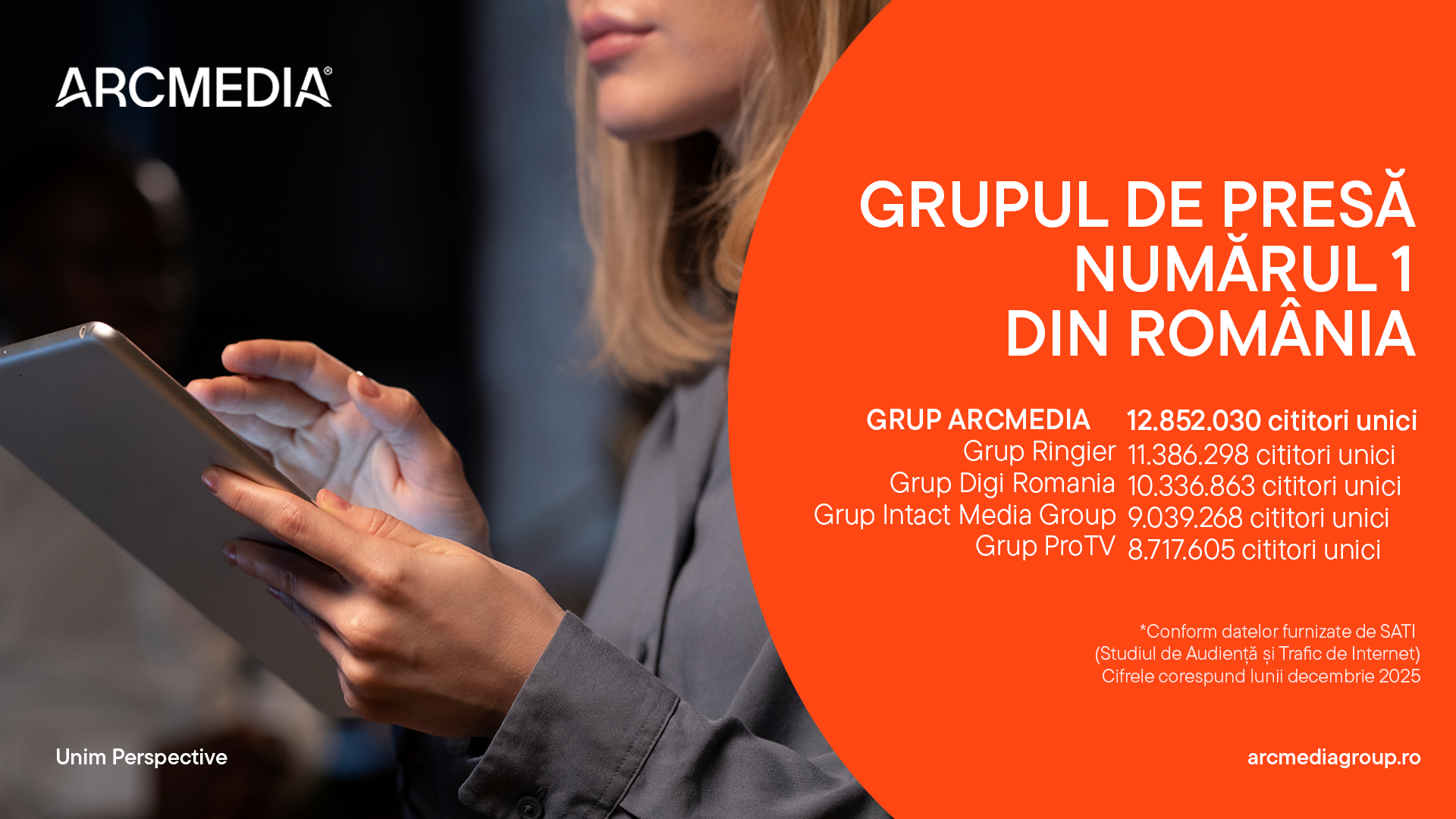 ARCMEDIA, lider absolut pe piața digitală din România în decembrie 2025 Grupul de publishing ARCMEDIA a consolidat în mod clar poziția de lider al internetului din România în ultima lună a anului trecut, înregistrând cele mai mari cifre de trafic și audiență din întreaga industrie media autohtonă