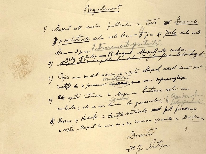 Muzeul Național de Istorie Naturală „Grigore Antipa” celebrează 115 ani de la fondare printr-o descoperire inedită: publicarea primului regulament oficial al instituției, redactat personal de fondatorul său, Grigore Antipa, în anul în care muzeul și-a deschis porțile publicului, 1908