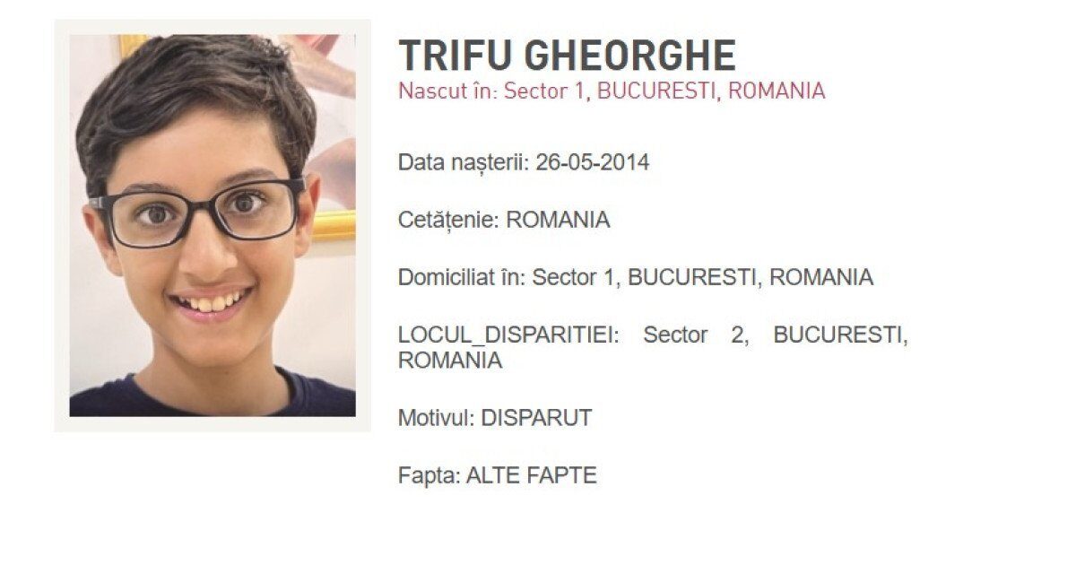 Băiat disparut în București: Apelul autorităților și mobilizarea comunității Poliția Capitalei a emis sâmbătă seara un mesaj RO-Alert prin care solicita ajutorul cetățenilor în găsirea unui copil de 11 ani, dispărut în Sectorul 2 al Bucureștiului
