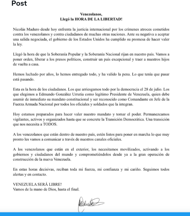 Lidera opoziției din Venezuela, María Corina Machado, a adresat un mesaj dur către poporul venezuelean după ce președintele Nicolás Maduro și soția sa au fost capturați de trupele americane, eveniment care a șocat scena politică și a zguduit ecosistemul internațional