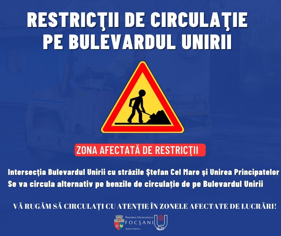 Restricții de circulație pe Bulevardul Unirii din Focșani! Astăzi, 2 februarie 2026, Primăria Municipiului Focșani a dat startul lucrărilor de înlocuire a bolarzilor la intersecțiile Bulevardului Unirii cu strada Ștefan cel Mare și cu strada Unirea Principatelor