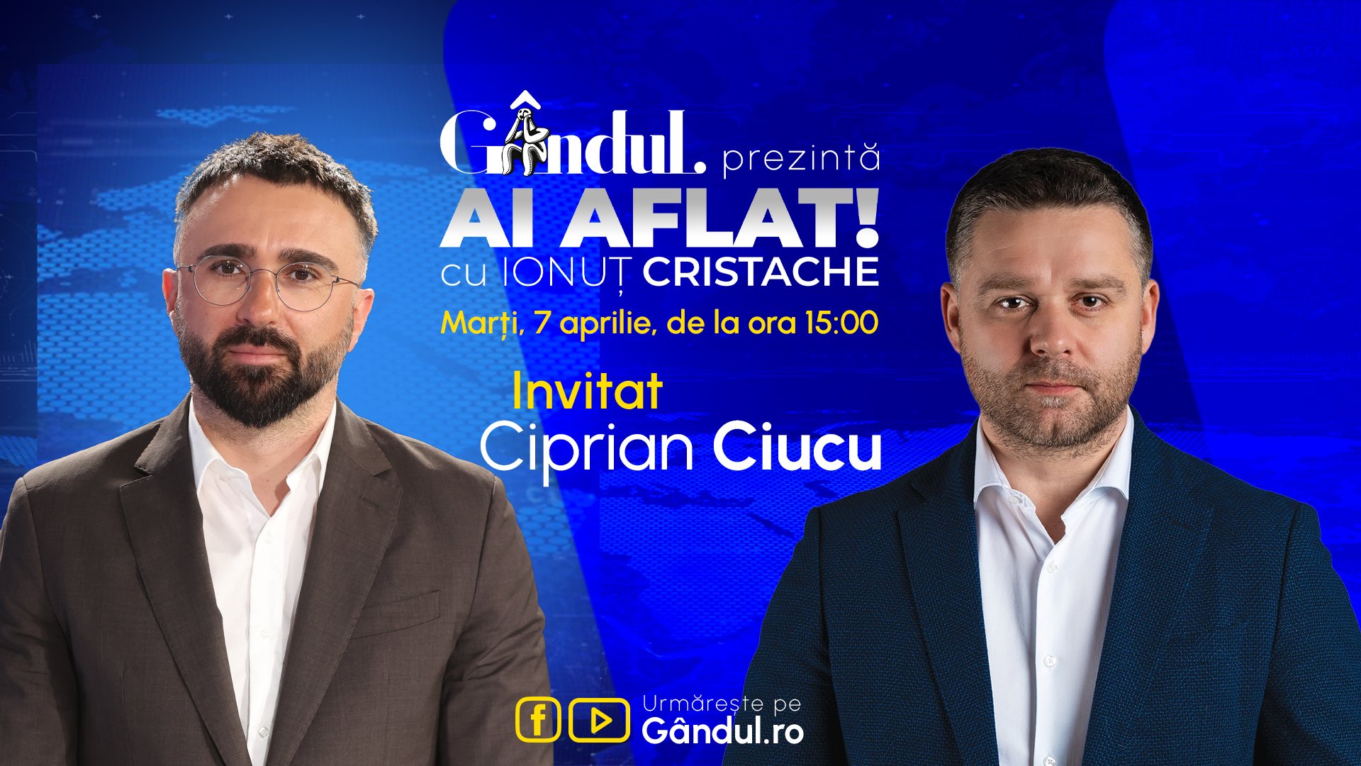 Marți, 7 aprilie, de la ora 15.00, la emisiunea „Ai Aflat! cu Ionuț Cristache”, va fi invitat Ciprian Ciucu, primarul Municipiului București