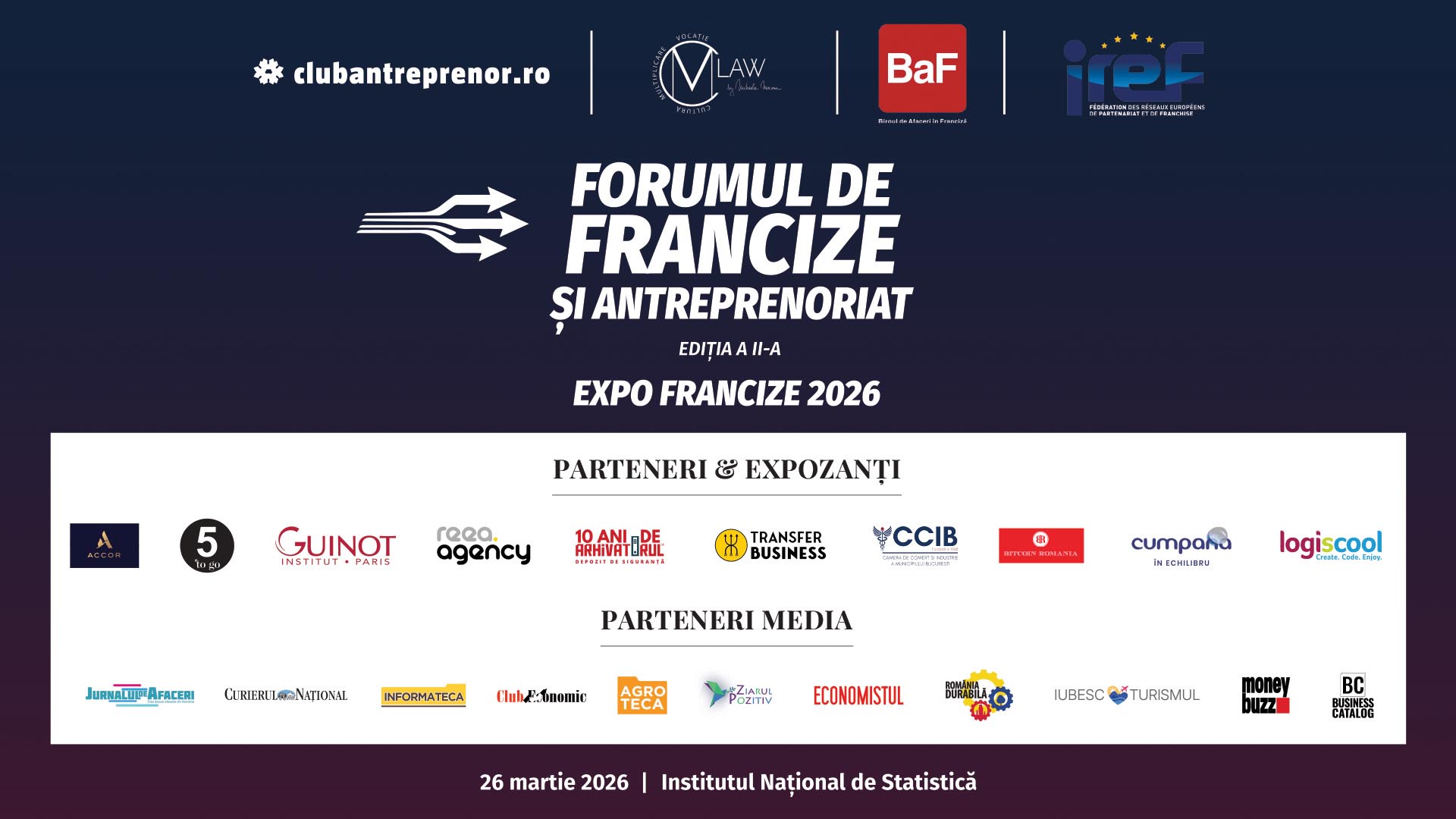 Institutul Național de Statistică a găzduit joi, 26 martie 2026, ediția a doua a Forumului de francize și antreprenoriat, eveniment organizat de Club Antreprenor, CMV Law by Mihaela Mocanu și BaF – Biroul de Afaceri în Franciză, cu sprijinul Federației Rețelelor Europene de Franciză și Parteneriat (IREF) și cu participarea Camerei de Comerț și Industrie București