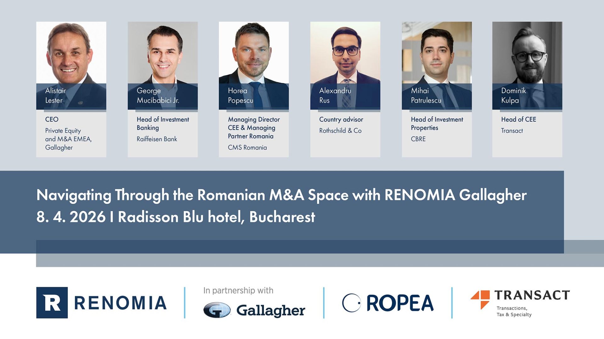 Renomia Gallagher, cu sprijinul BusinessMark, organizează pe 8 aprilie 2026 un eveniment dedicat pieței de fuziuni și achiziții din România, intitulat „Navigating Through the Romanian M&A Space with Renomia Gallagher”