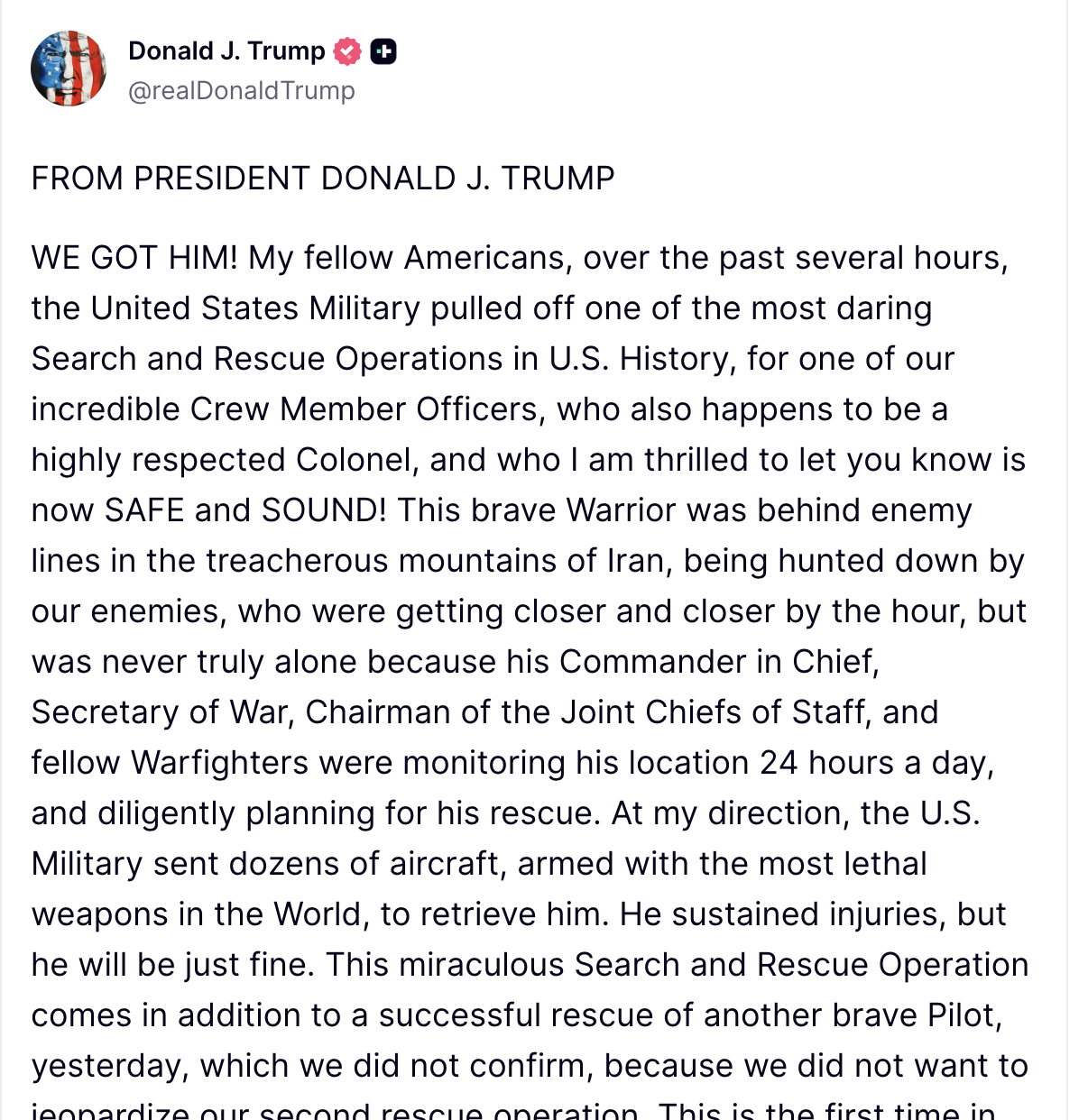 Al doilea membru al echipajului avionului F-15 doborât deasupra Iranului a fost recuperat, potrivit unor surse oficiale