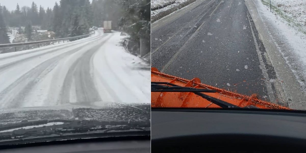 Camion blocat în zăpadă lângă Cavnic, Maramureș, pe 21 aprilie: Drumuri blocate
