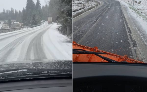 Camion blocat în zăpadă lângă Cavnic, Maramureș, pe 21 aprilie: Drumuri blocate