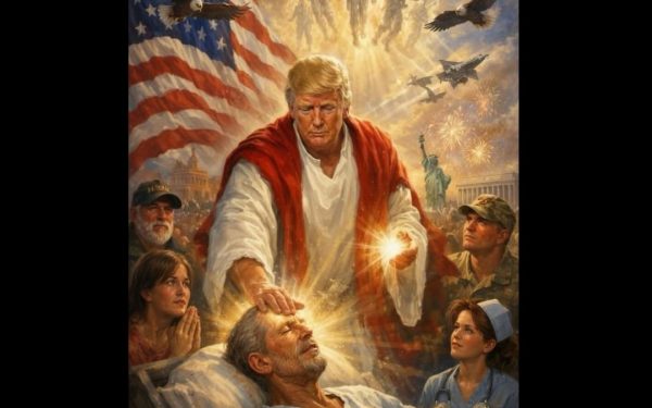 Trump, scandal uriaș: Imagine cu el „Isus”, avioane de luptă pe fundal