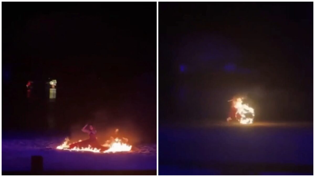 O dansatoare a scăpat ca prin minune cu viață în timpul unui spectacol cu foc din China, după ce rochia i-a luat foc în plină reprezentație