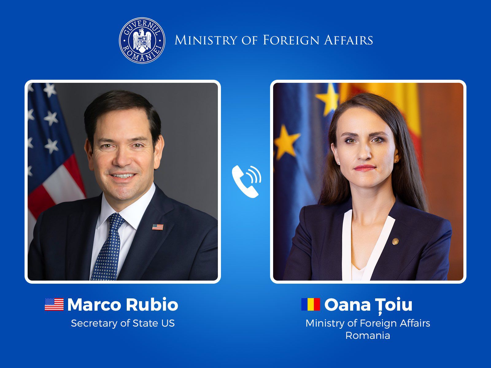 Ministrul Afacerilor Externe, Oana Țoiu, a avut o convorbire telefonică joi seara cu secretarul de stat american Marco Rubio, conform informațiilor apărute