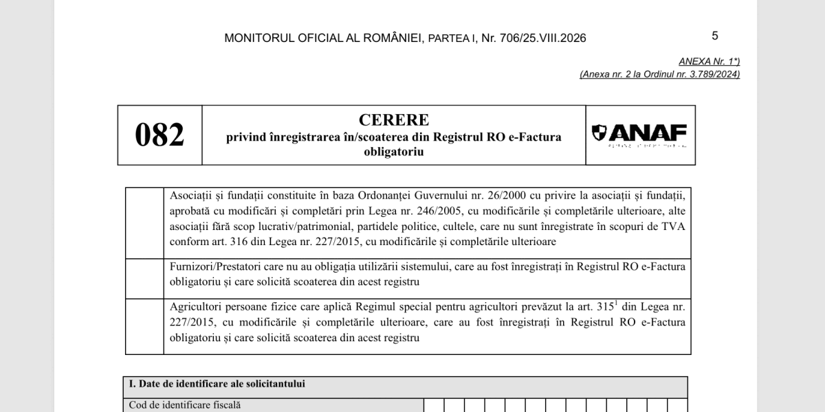 ANAF: Ordin Nou RO e-Factura 082, Descărcați Actul Oficial