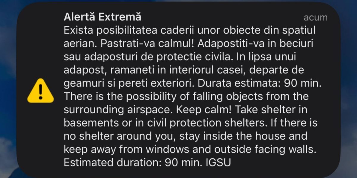 ALERTĂ RO-ALERT în Tulcea: Obiecte pot cădea din spațiul aerian