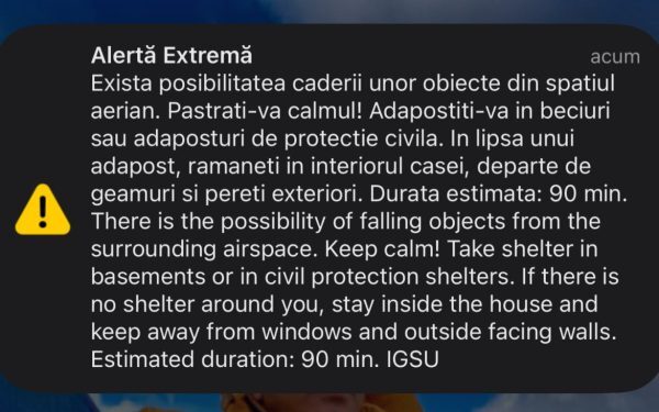 ALERTĂ RO-ALERT în Tulcea: Obiecte pot cădea din spațiul aerian